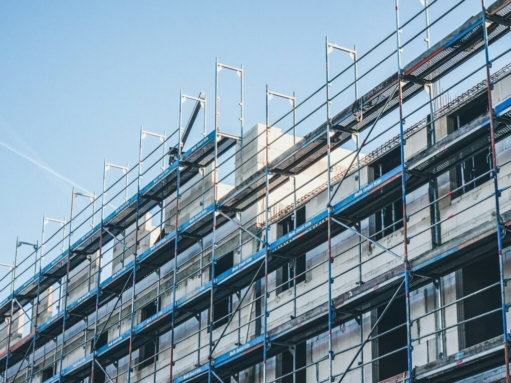 Residential apartment building under construction viewed from street level