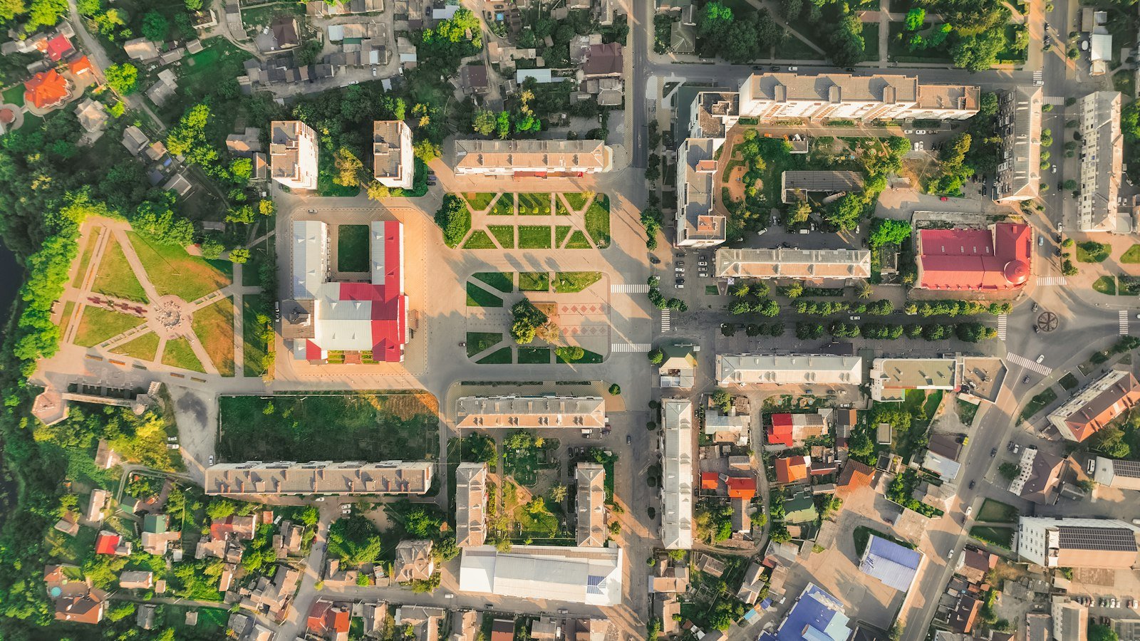 Aerial view of city blocks showing the shapes of buildings and streets