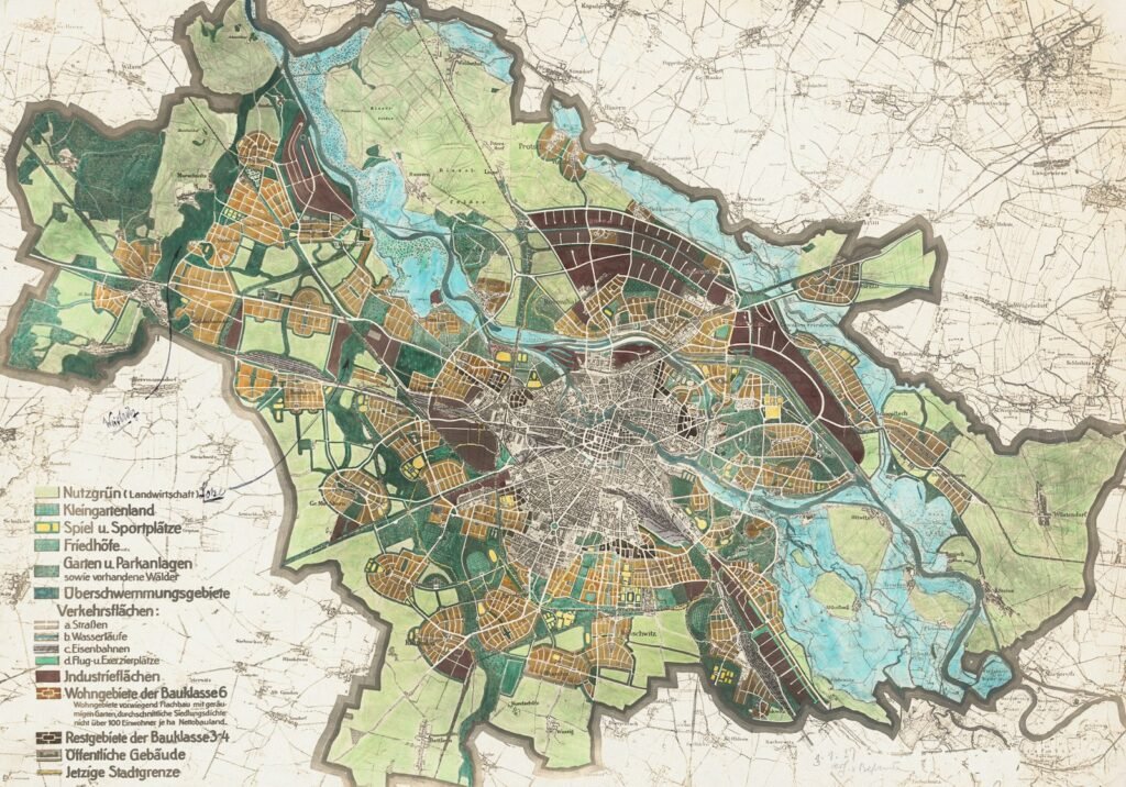 Historical city plan showing coloured land-use zones