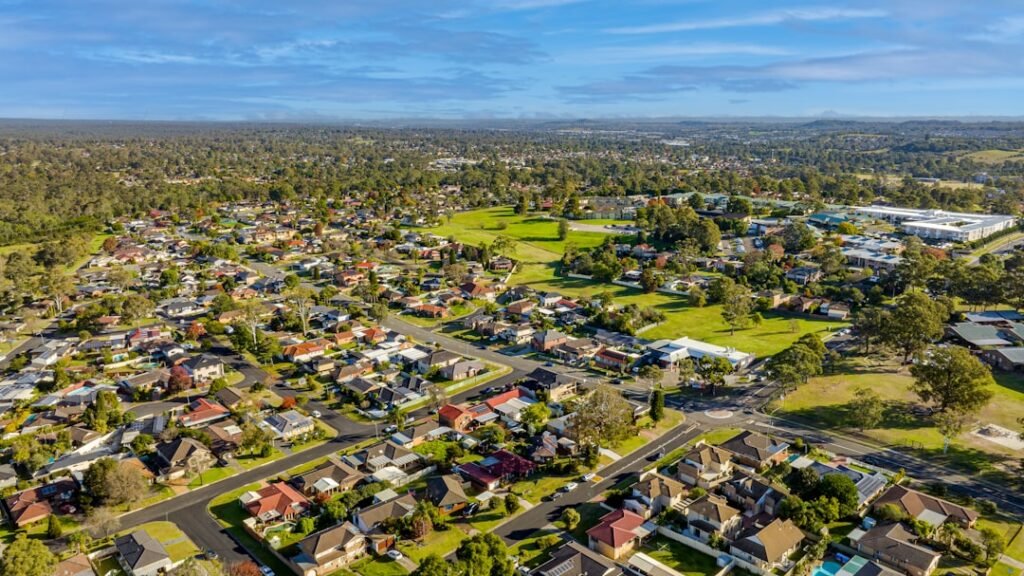 Aerial view of an established Sydney suburb with houses and parkland