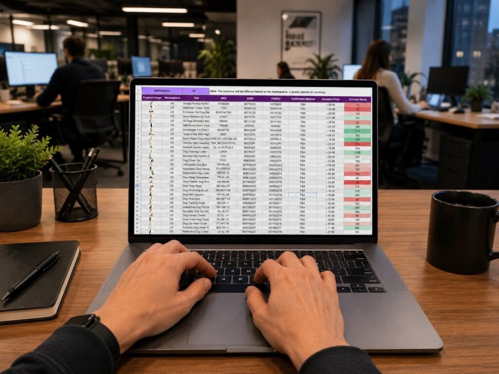 Hands typing on a laptop showing a spreadsheet of sales records