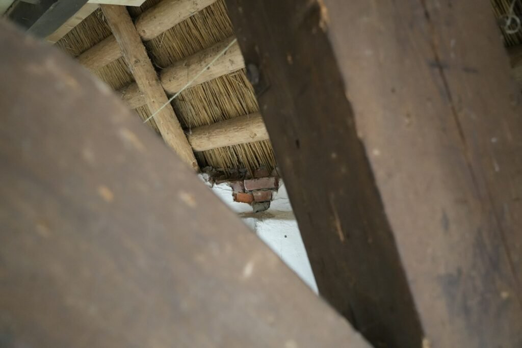 Wooden beams supporting a roof structure