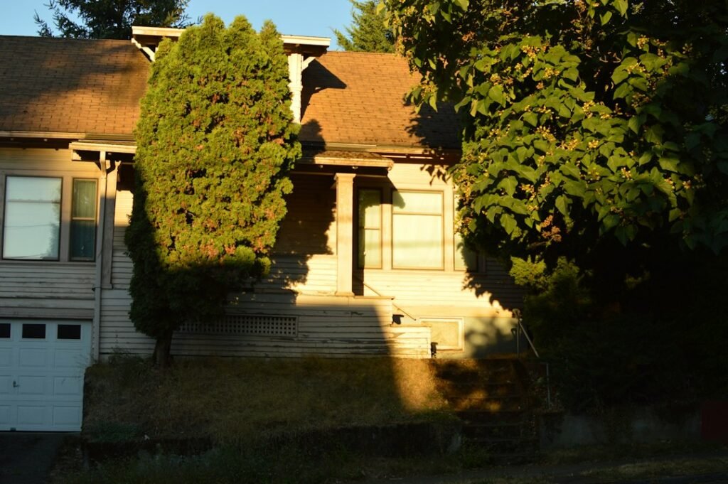 Suburban house with a garage in golden-hour light